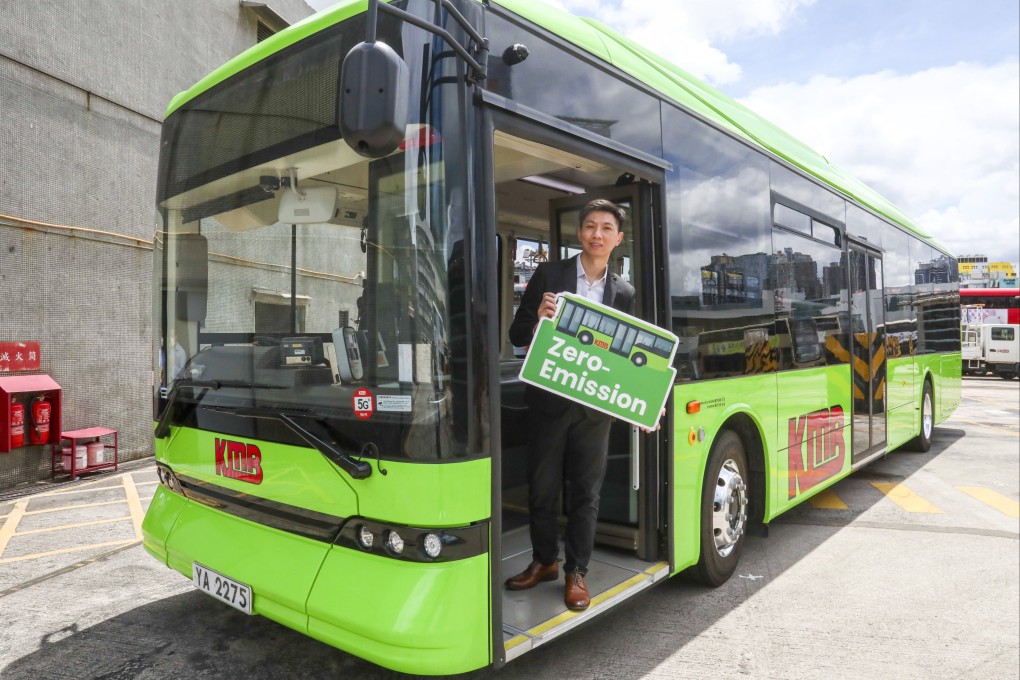 Addie Lam Tze-ho, assistant director of communications with Kowloon Motor Bus, poses on the company’s new electric single-deck bus at a depot in Kowloon Bay on June 29, 2022. Photo: SCMP / Jonathan Wong