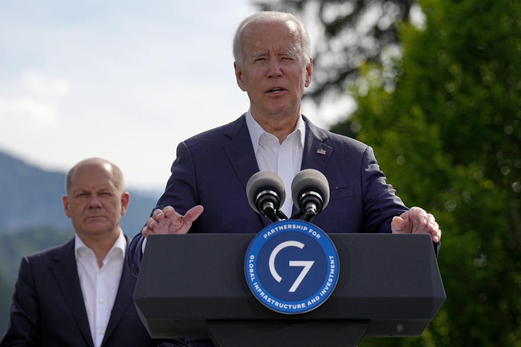 US President Joe Biden speaks to the press, as German Chancellor Olaf Scholz looks on, during the G7 Summit in Germany on June 26. Photo: DPA