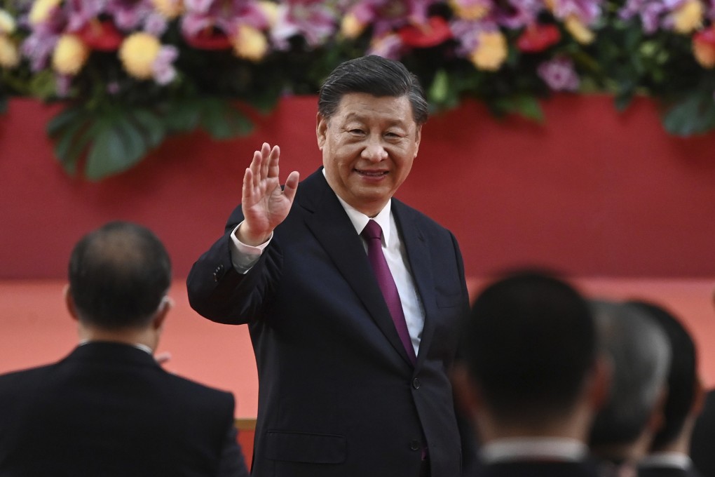 China’s President Xi Jinping waves following his speech after a ceremony to inaugurate the city’s new government in Hong Kong on Friday on the 25th anniversary of the city’s handover from Britain to China. Photo: Pool via AP