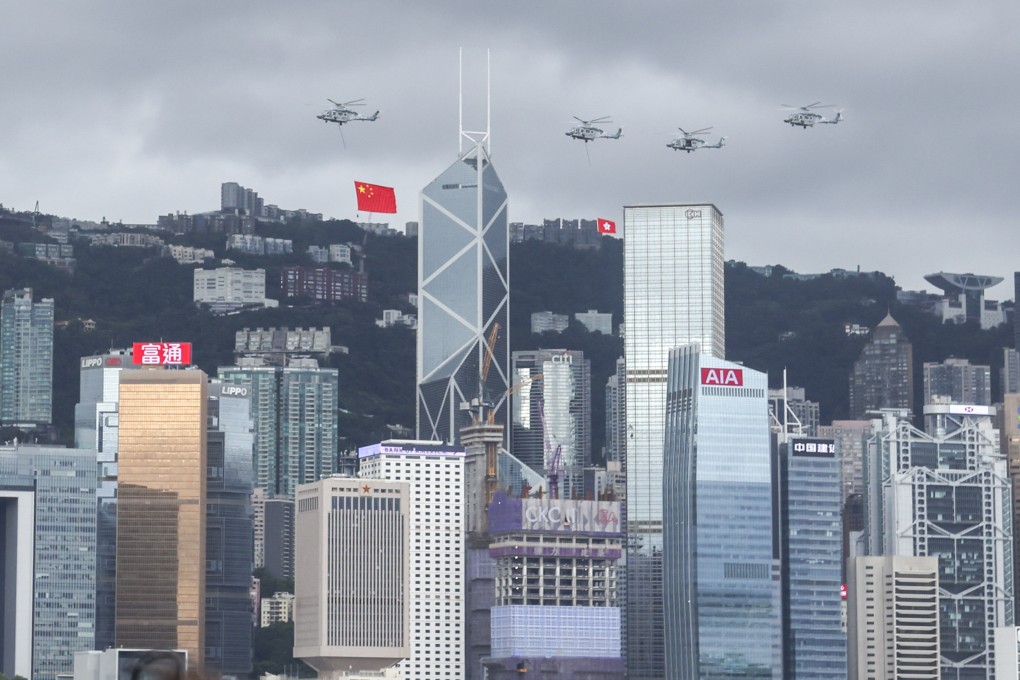 Helicopters from the Government Flying Service take part in events to mark the 25th anniversary of Hong Kong’s return to Chinese sovereignty on Friday. Photo: Nora Tam