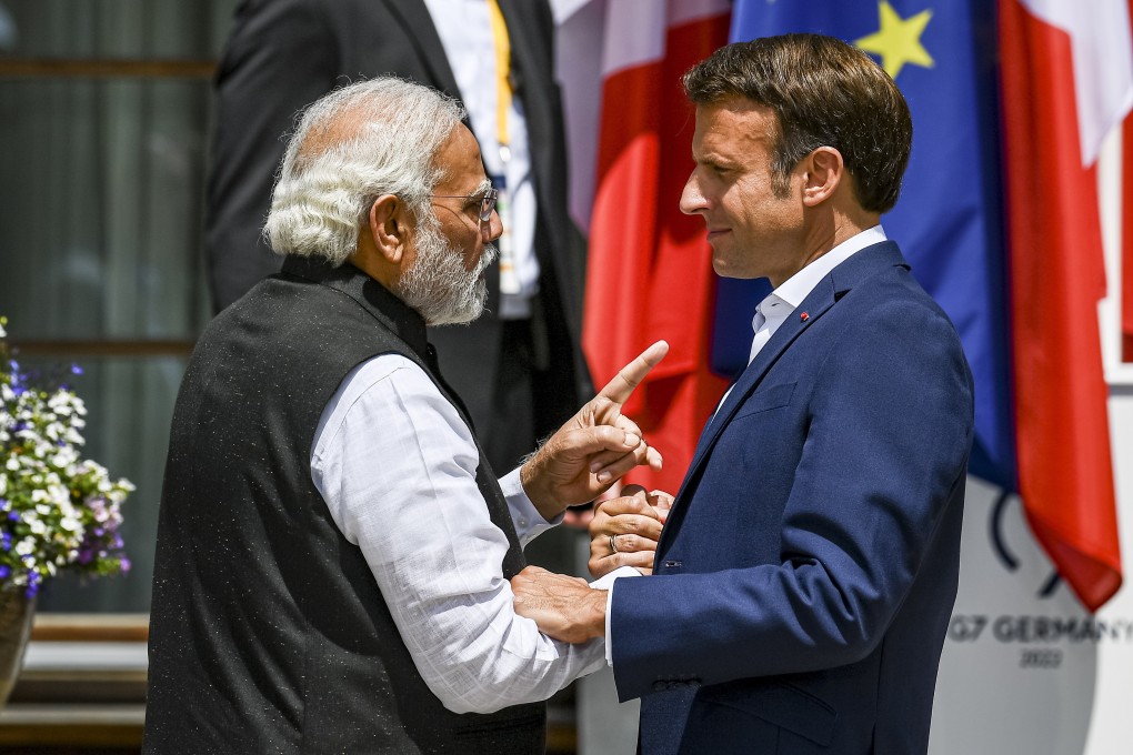 Prime Minister Narendra Modi greets France’s President Emmanuel Macron at the G7 summit in Germany. Photo: EPA-EFE