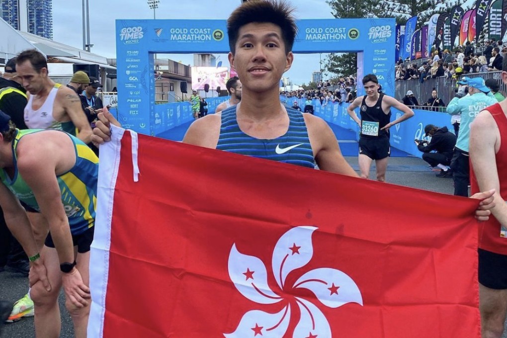 Wong Wan-chun grabs a Hong Kong flag after crossing the finish line in Australia. Photo: Instagram