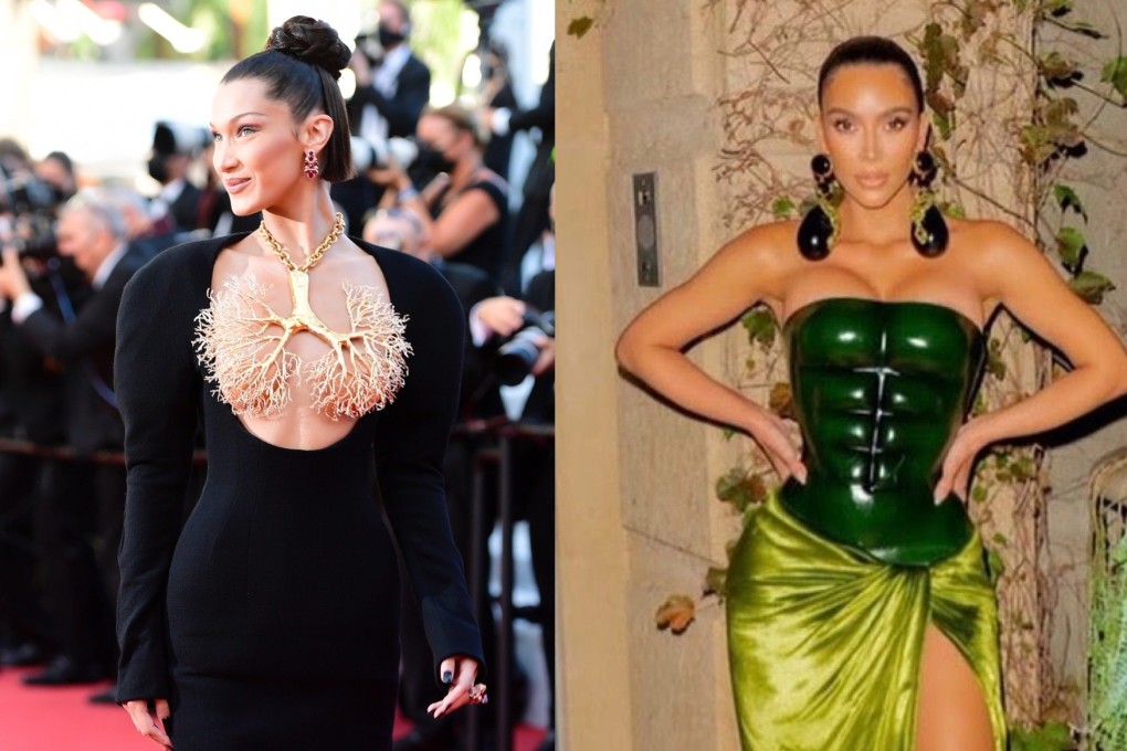 Bella Hadid’s golden lung-shaped necklace (left) and Kim Kardashian’s six-pack bodice – are the work of Daniel Roseberry, the US fashion designer who helped reinvent French label Schiaparelli. Photo: AP/Instagram