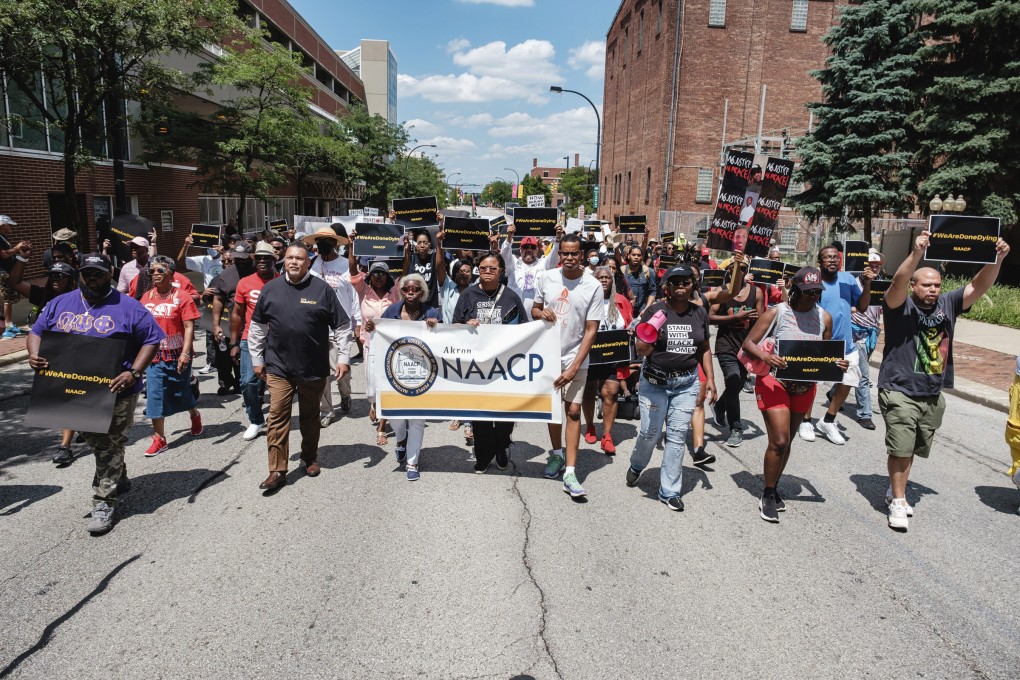 People walk in an NAACP-led march and rally for Jayland Walker on Sunday in Akron, Ohio, US. Photo: Times Reporter via AP