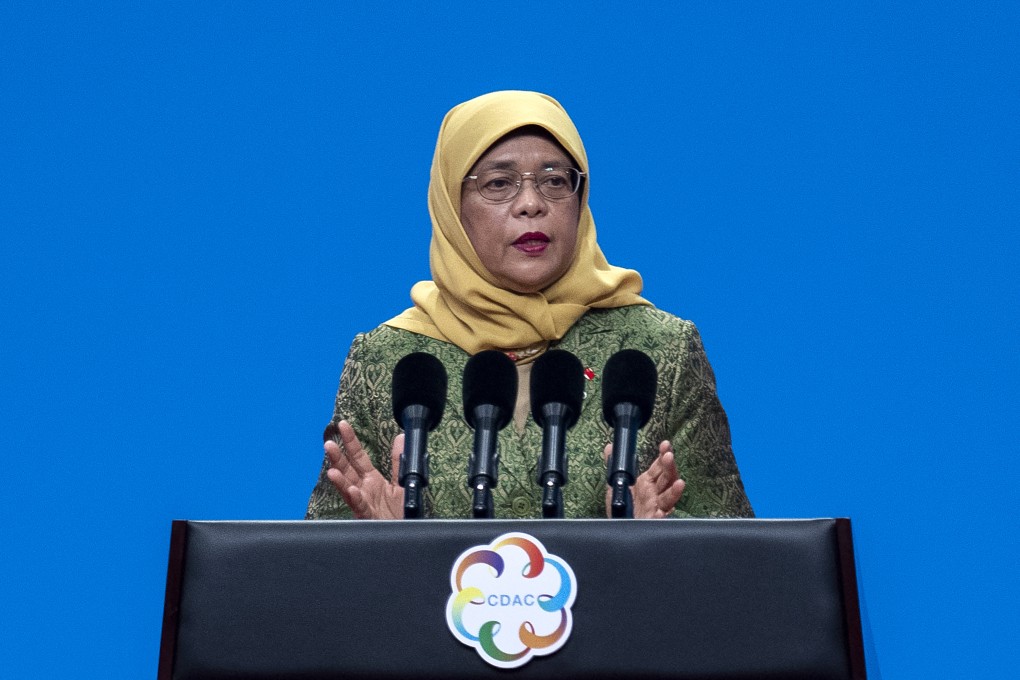 Singapore’s President Halimah Yacob delivers a speech during the opening ceremony of the Conference on Dialogue of Asian Civilizations at the National Convention Centre in Beijing in May 2019. Photo: AFP