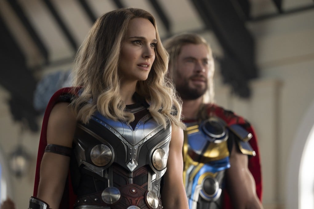 Natalie Portman (left) as The Mighty Thor and Chris Hemsworth as Thor in a still from Thor: Love and Thunder (Category IIA), directed by Taika Waititi. Christian Bale co-stars. Photo: Jasin Boland/Marvel Studios