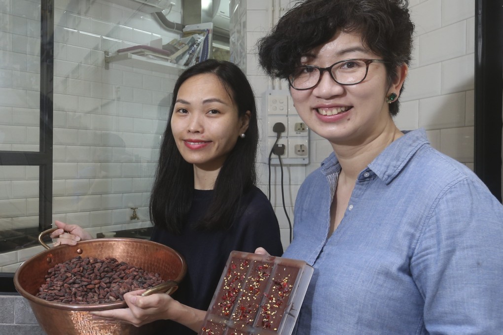 Sally Kwok Pik-shan (left) and Mandy Wong Ngai-man with some of their products at Hakawa Chocolate, a Hong Kong bean-to-bar chocolate maker. Photo: K. Y. Cheng