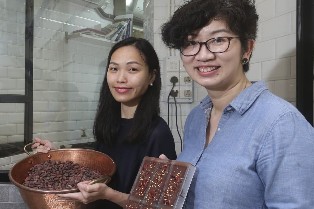 Sally Kwok Pik-shan (left) and Mandy Wong Ngai-man with some of their products at Hakawa Chocolate, a Hong Kong bean-to-bar chocolate maker. Photo: K. Y. Cheng