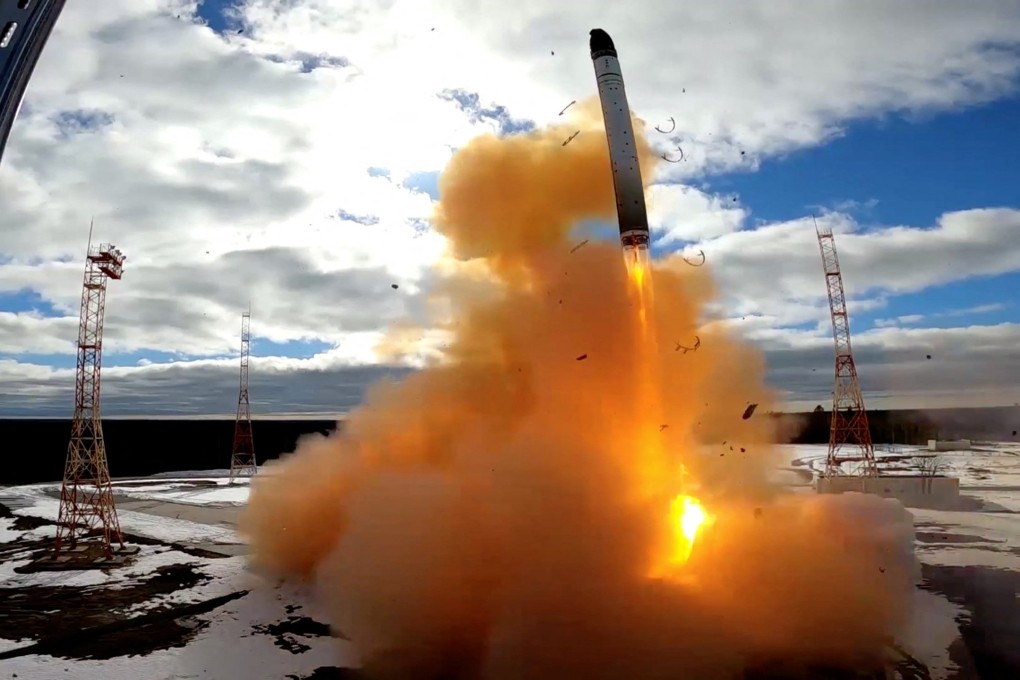 A Sarmat intercontinental ballistic missile is test-launched by the Russian military at the Plesetsk cosmodrome in Russia’s Arkhangelsk region in this still from a video released on April 20. The nuclear-capable missile has been dubbed “Satan 2” by analysts. Photo: Russian Defence Ministry/Reuters