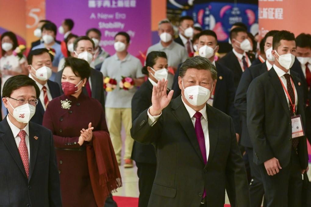 President Xi Jinping (third left) and his wife Peng Liyuan (second left) conclude their visit to Hong Kong on July 1, as Chief Executive John Lee (first left) sees them off at West Kowloon Station. Photo: ISD