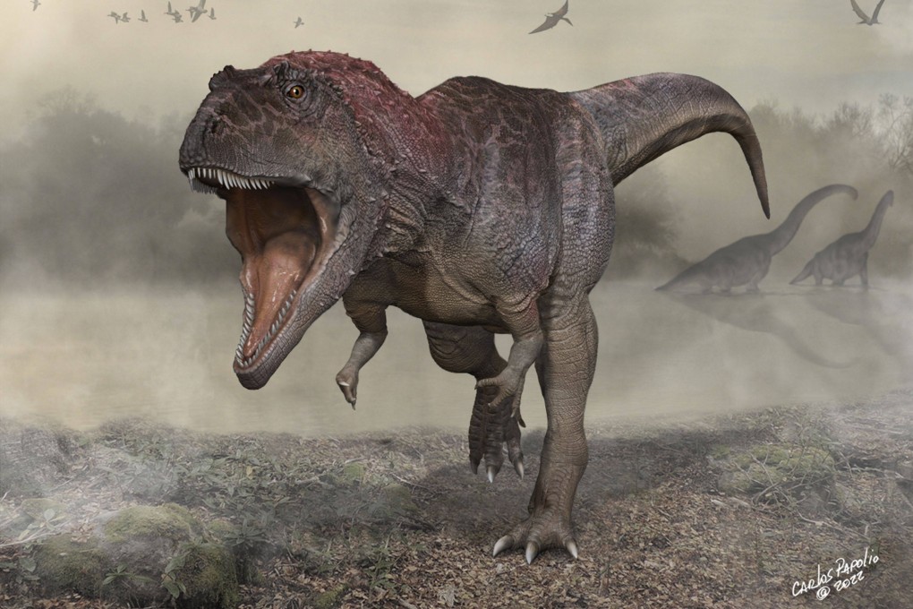 An artist’s illustration depicts a new dinosaur, Meraxes gigas, which had a huge head and tiny arms. Image: Carlos Papolio/University of Minnesota