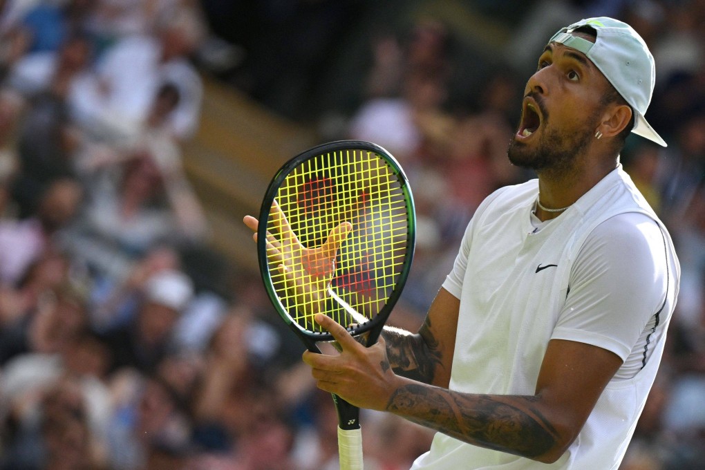 Australia’s Nick Kyrgios reacts as he plays against Chile’s Cristian Garin during their men’s singles quarter final at Wimbledon. Photo: AFP