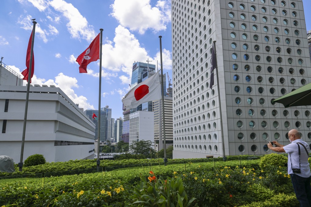 A Japanese flag flies at half-mast at Exchange Square in Central, the home of the Japanese consulate, to honour Shinzo Abe, a former prime minister who was murdered last week. Photo: Dickson Lee