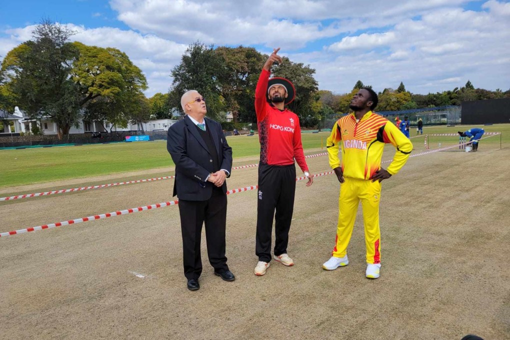 Hong Kong captain Nizakat Khan and his Ugandan counterpart Kenneth Waiswa toss to decide who will bat first in Bulawayo. Photo: Cricket Hong Kong