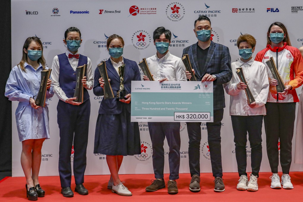 Sarah Lee (third on the left) was the “Best of the Best” at the Cathay Pacific 2019 Hong Kong Sports Stars Awards, and Siobhan Haughey (second on the right) was one of the Awardees. 10APR21 SCMP / Jonathan Wong