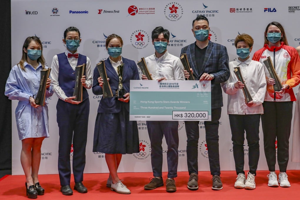 Sarah Lee (third on the left) was the “Best of the Best” at the Cathay Pacific 2019 Hong Kong Sports Stars Awards, and Siobhan Haughey (second on the right) was one of the Awardees. 10APR21 SCMP / Jonathan Wong