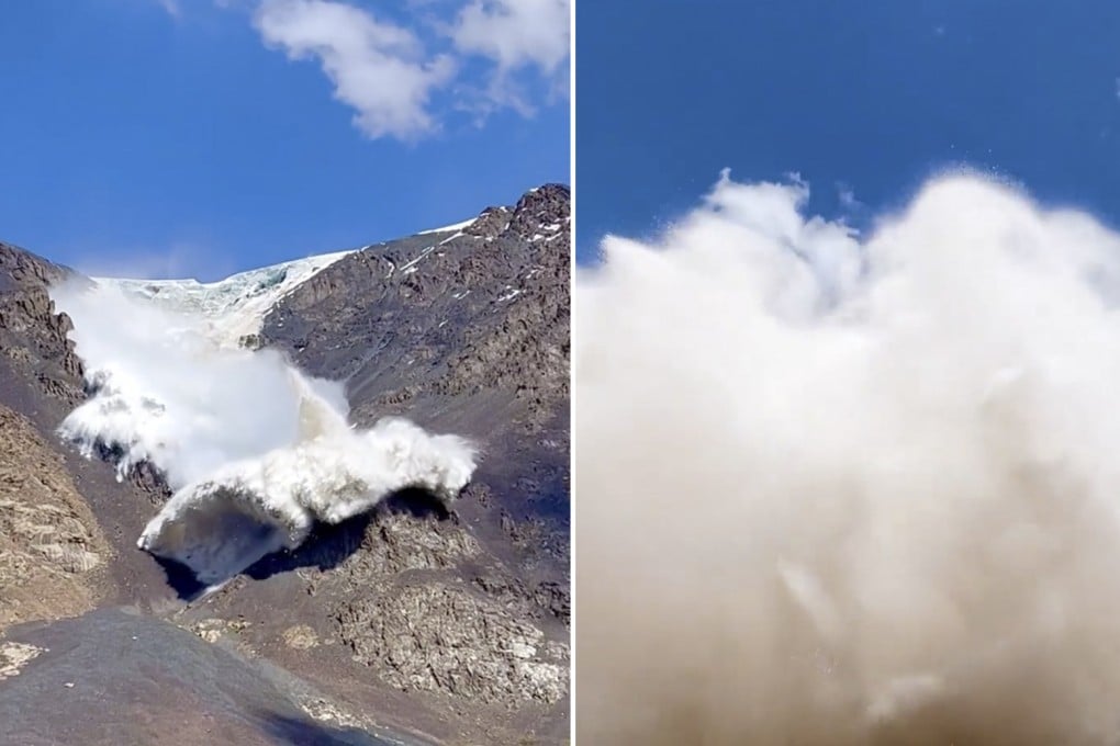 Stills from a video of an avalanche in Kyrgyzstan’s Tian Shan mountains in July 2022, captured by Briton Harry Shimmin. Photo: Instagram/@harryshimmin