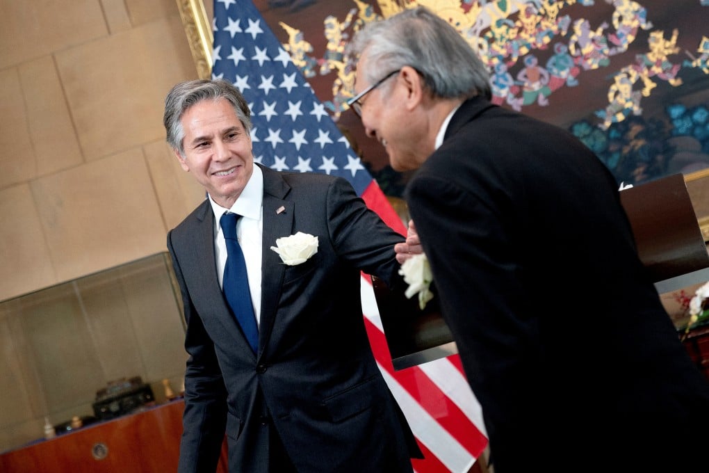 US Secretary of State Antony Blinken and Thailand’s Foreign Minister Don Pramudwinai share a smile following a joint news conference in Bangkok on Sunday. Photo: Reuters