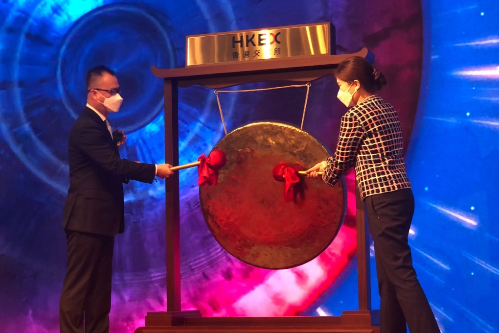 Tianqi Lithium’s executives at the ceremonial gong-hitting event at the stock exchange on July 13. Photo: SCMP