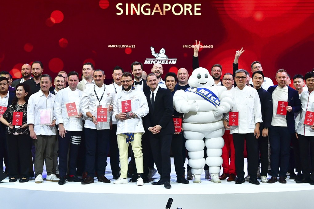 Michelin-star recipients take to the stage at the unveiling of the Michelin Guide Singapore 2022 on July 12, 2022, in which seven new restaurants received stars. Photo: Michelin