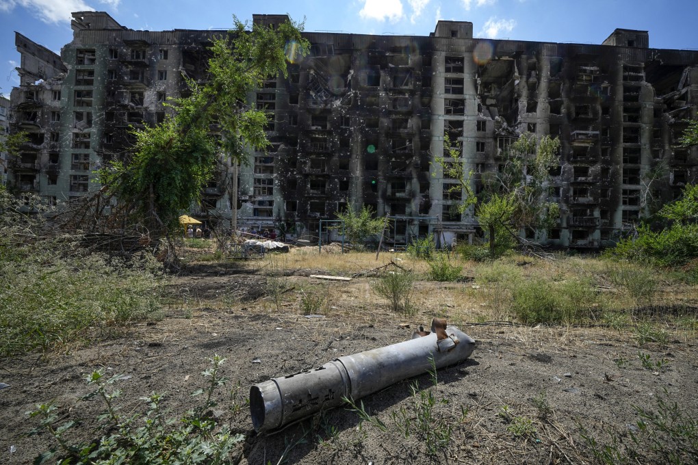 A piece of a missile near a damaged residential building in Sievierodonetsk, eastern Ukraine, territory which is now under Russia’s control. Photo: AP