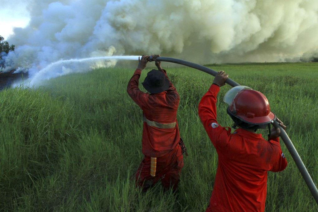 Firefighters work to extinguish a peatland fire in Indonesia’s South Sumatra province last month. Photo: Xinhua