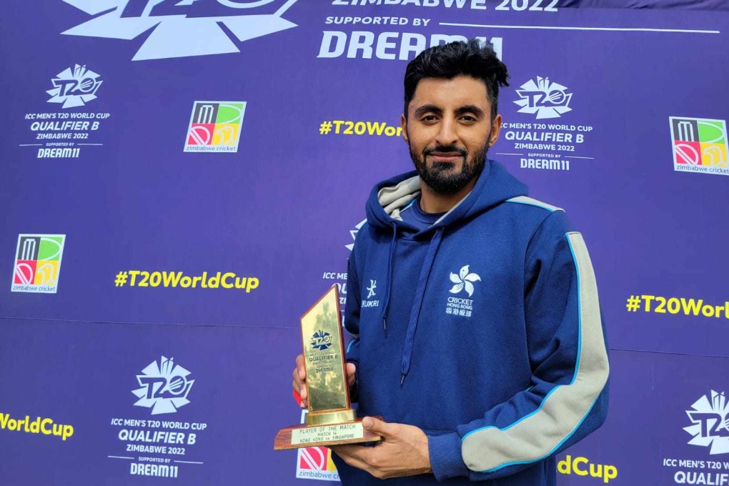 Hong Kong captain Nizakat Khan with his man of the match award after the game against Singapore at the ICC Men’s T20 World Cup Qualifier B. Photo: Cricket Hong Kong