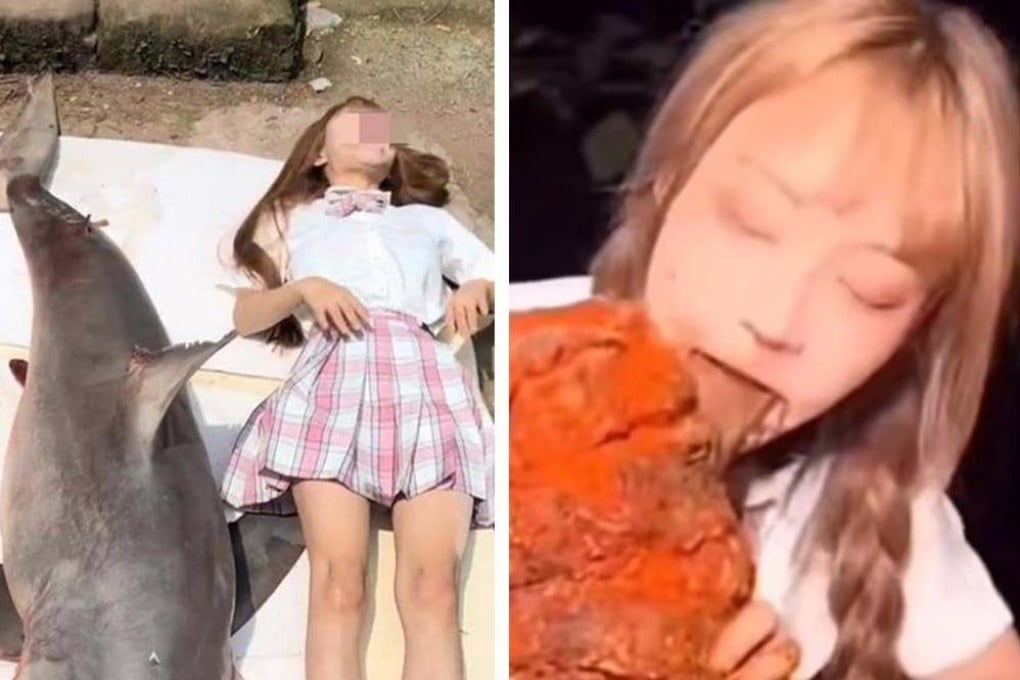 A Chinese influencer is under fire for eating what appears to be a protected shark. Photo: SCMP composite