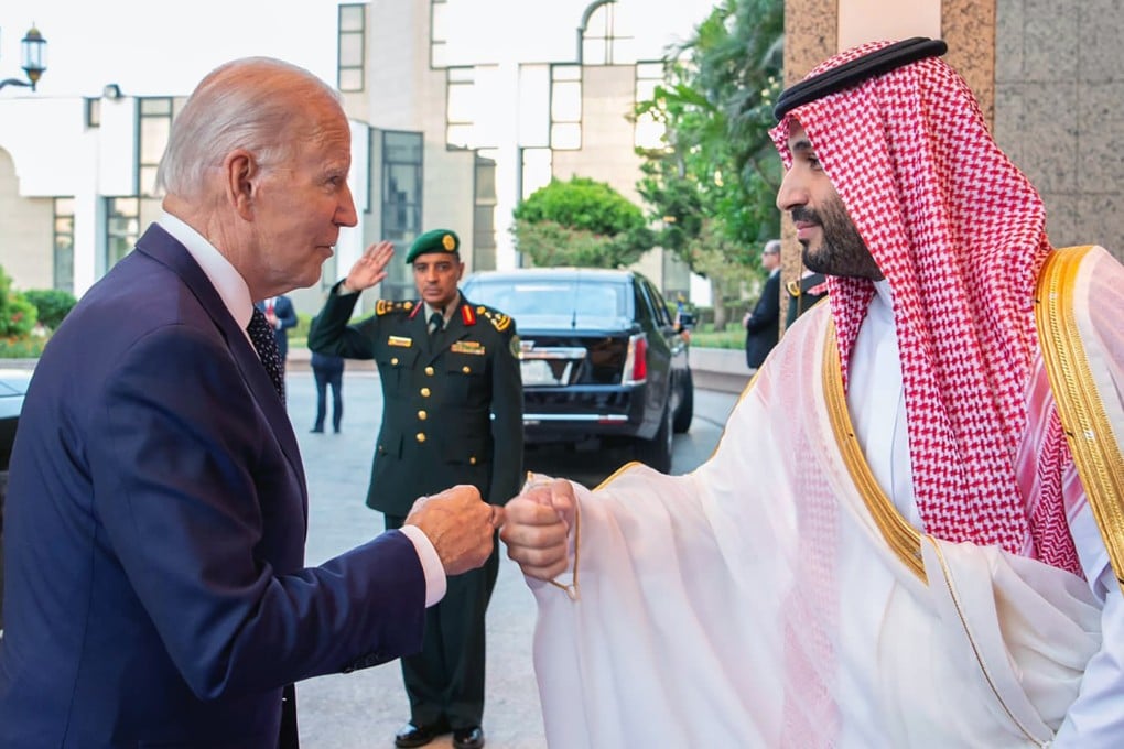 Saudi Crown Prince Mohammed bin Salman greets US President Joe Biden with a fist bump after his arrival in Jeddah, Saudi Arabia on Friday. Photo: Saudi Press Agency via AP