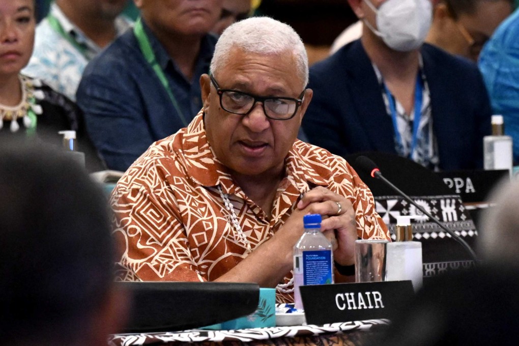 Fiji PM Frank Bainimarama makes opening remarks at the Pacific Islands Forum. Photo: AFP