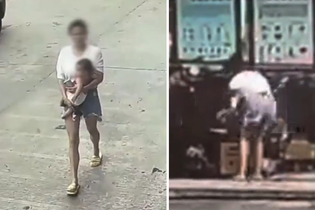 A still image from video footage showing the moment a mother abandons her baby in a box outside a rubbish collection centre in China. Photo: Handout