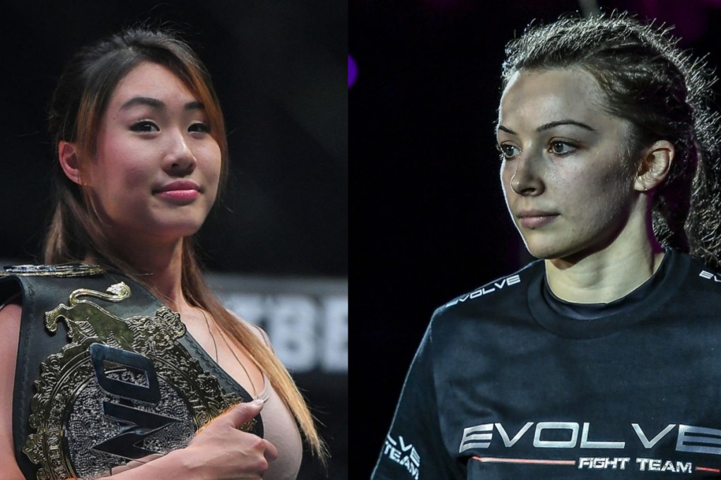 Angela Lee (left) poses with her belt in the ONE Circle, Danielle Kelly walks out for grappling match with Mei Yamaguchi. Photos: ONE Championship.