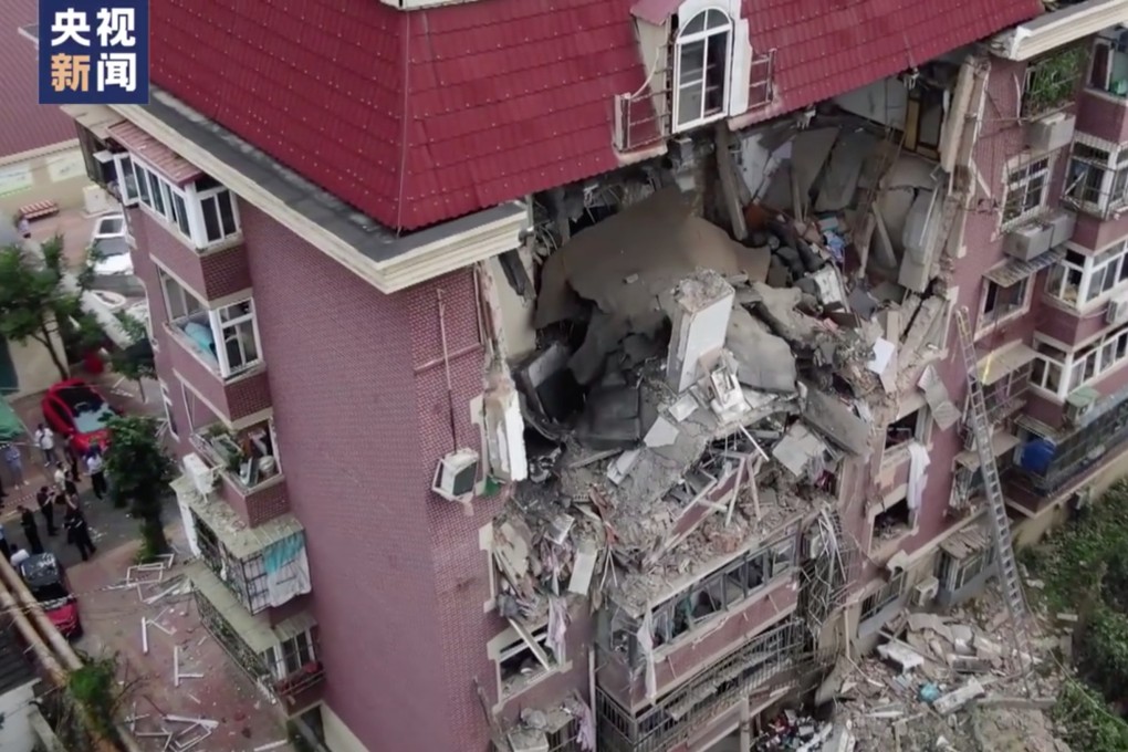 Three floors of a  six-storey building collapsed, followed by an  explosion around 7.15am on Tuesday. Photo: CCTV