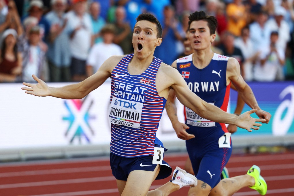 Britain’s Jake Wightman crosses the line to win the men’s 1,500 metres final. Photo: Reuters