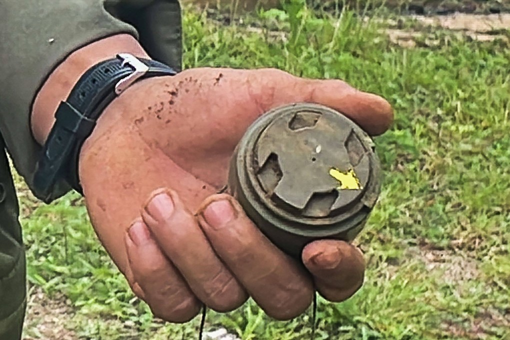 A landmine found during a de-mining operation in eastern Myanmar’s Kayah state. The dangerous work is done ‘by hand with only rudimentary equipment and without any professional training’, Amnesty said. Photo: Amnesty International via AFP