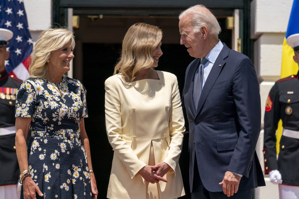 President Joe Biden and first lady Jill Biden greet Olena Zelenska at the White House in Washington on Tuesday. Photo: AP