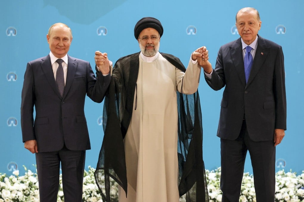 Russian President Vladimir Putin met with Iranian President Ebrahim Raisi and Türkiye’s President Recep Tayyip Erdogan in Tehran, Iran. Photo: AP