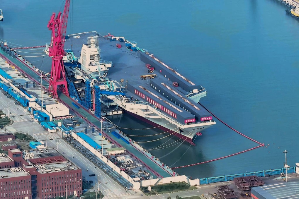 One of the photos showing progress on China’s third aircraft carrier, the Fujian, at the Jiangnan shipyard in Shanghai. Photo: Weibo