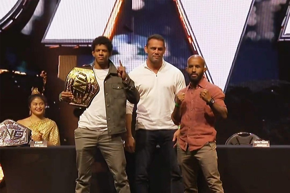 Adriano Moraes and Demetrious Johnson face off  at a press conference at The Novo in Los Angeles announcing ONE’s full 2022 schedule on Amazon Prime Video. Photos: ONE Championship