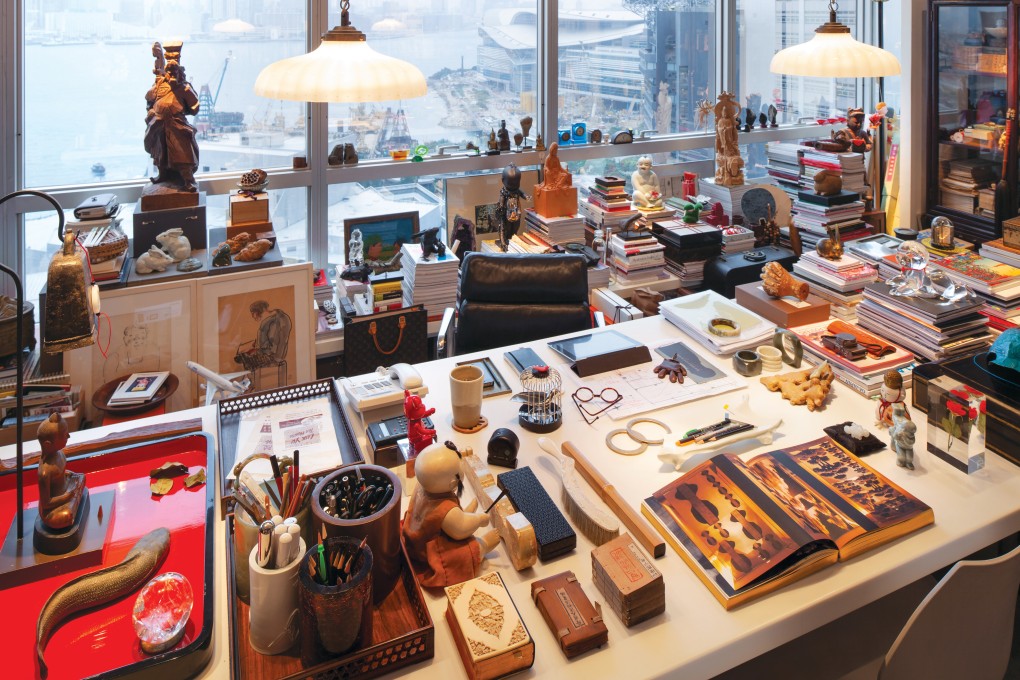 Alan Chan’s Hong Kong office desk. ‘I hate throwing things away,” the veteran designer says. Photo: Guy Bertrand