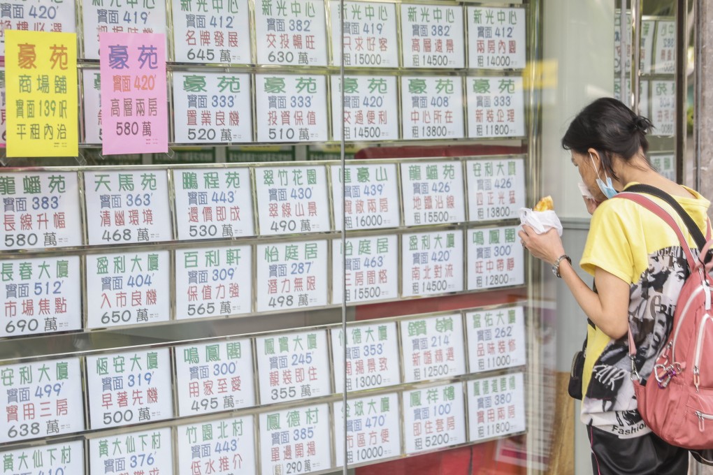 A woman looks at residential property advertisements displayed in the window of a real estate agency in Wong Tai Sin. Photo: Edmond So