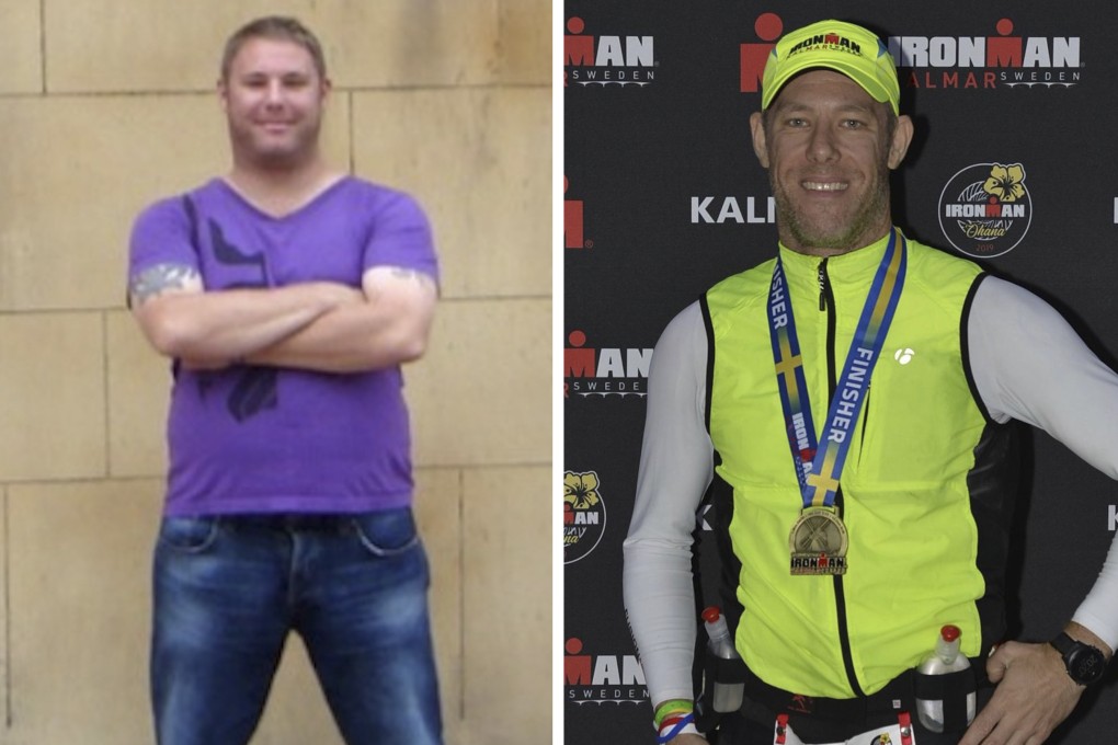 Nick Jonsson before he embarked on his lifestyle change (above, left), and after completing his first Ironman triathlon the following year. Photos: Nick Jonsson