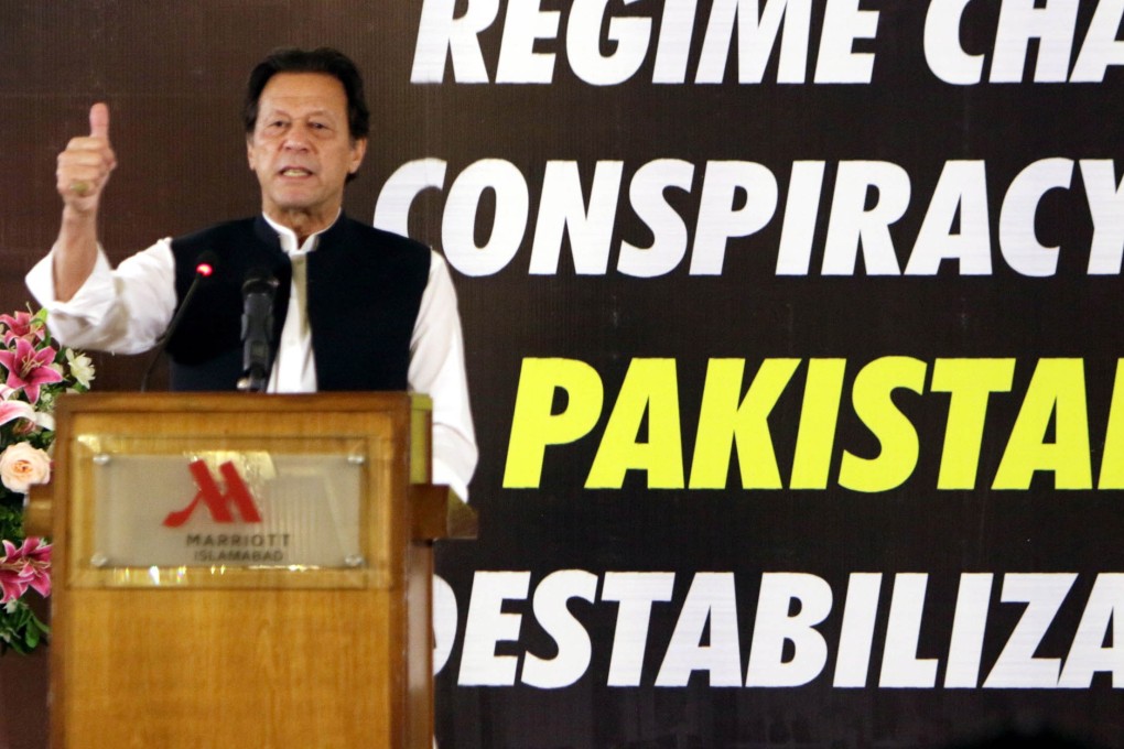 Imran Khan, Pakistan’s former prime minister and current head of opposition party Pakistan Tehreek-e-Insaf, speaks at a seminar on ‘regime change’ in Islamabad last month. Photo: EPA-EFE