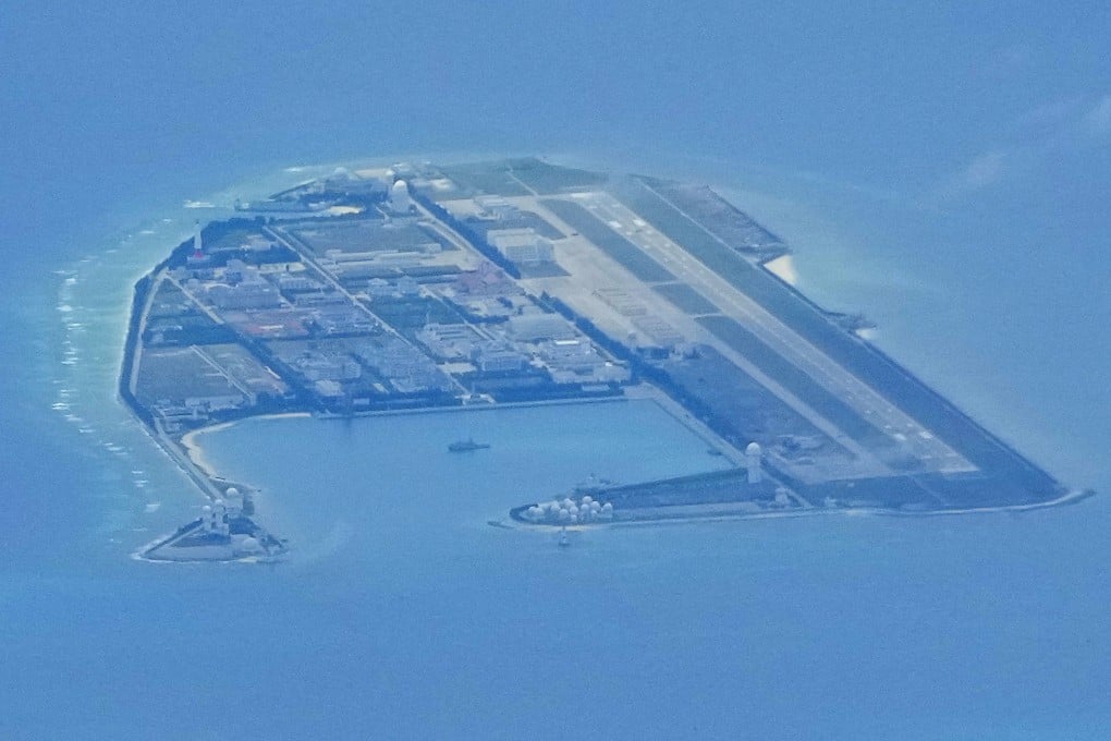 Chinese structures and buildings at its man-made island on Mischief Reef at the Spratlys group of islands in the South China Sea. Photo: AP