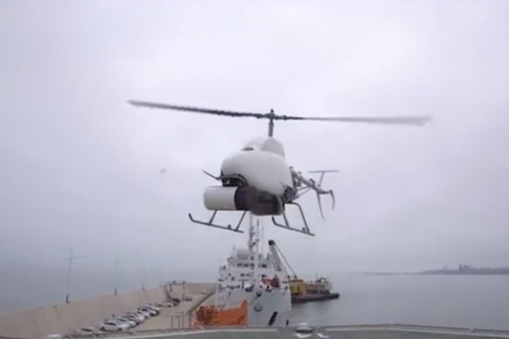 The helicopter took off from a ship moored near the port of Qingdao. Photo: Weibo