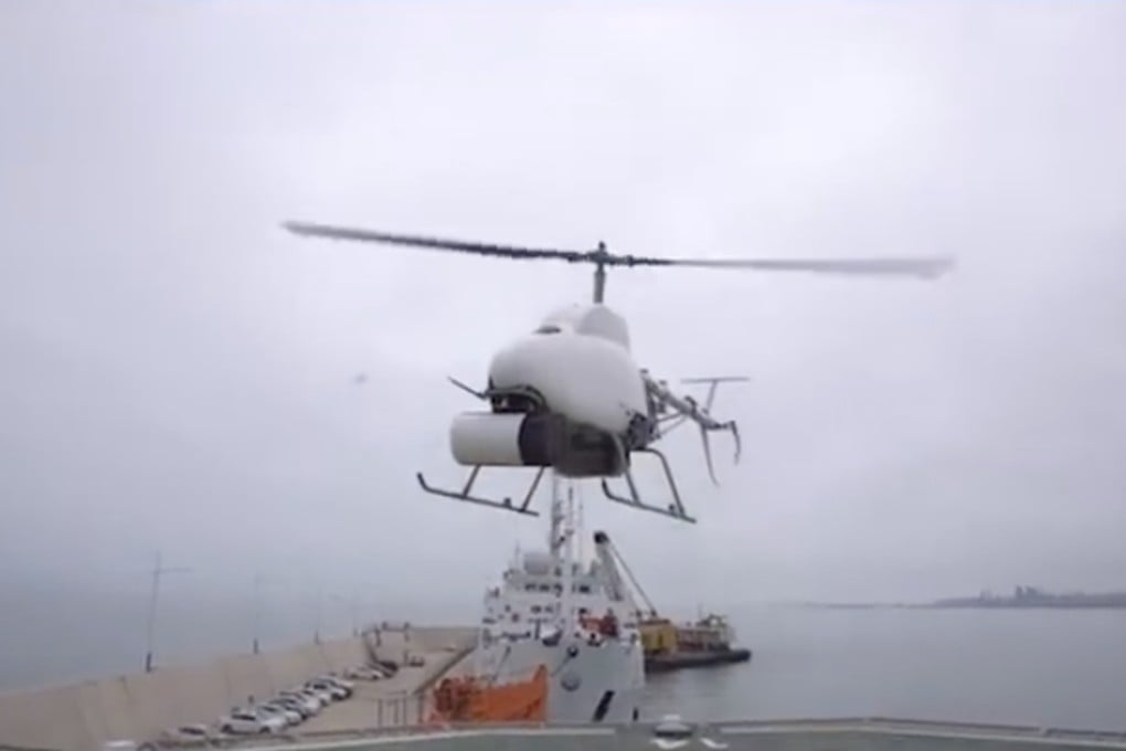 The helicopter took off from a ship moored near the port of Qingdao. Photo: Weibo