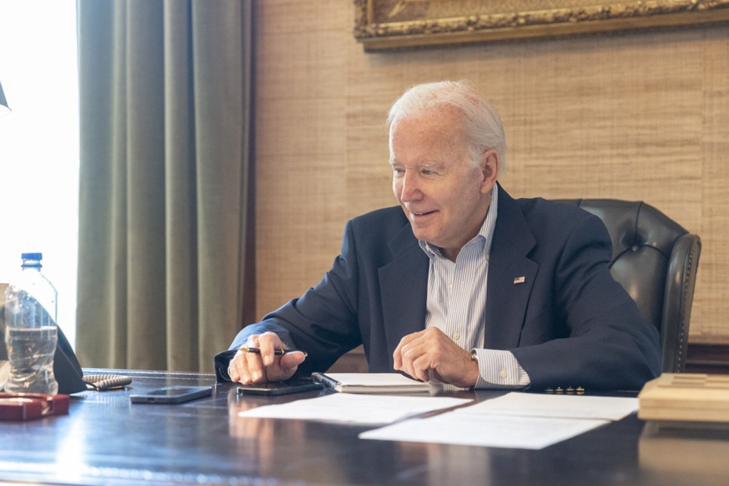 US President Joe Biden shown speaking by telephone on Thursday with Pennsylvania lawmakers after a positive Covid-19 test forced the cancellation of his scheduled trip to Wilkes-Barre. White House/Planet Pix/Zuma Press via TNS