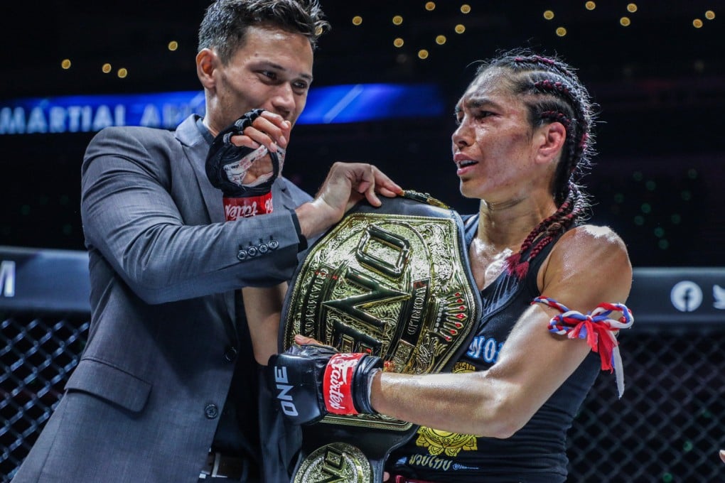 Janet Todd celebrates after winning the interim atomweight Muay Thai title at ONE 159 in Singapore. Photos: ONE Championship