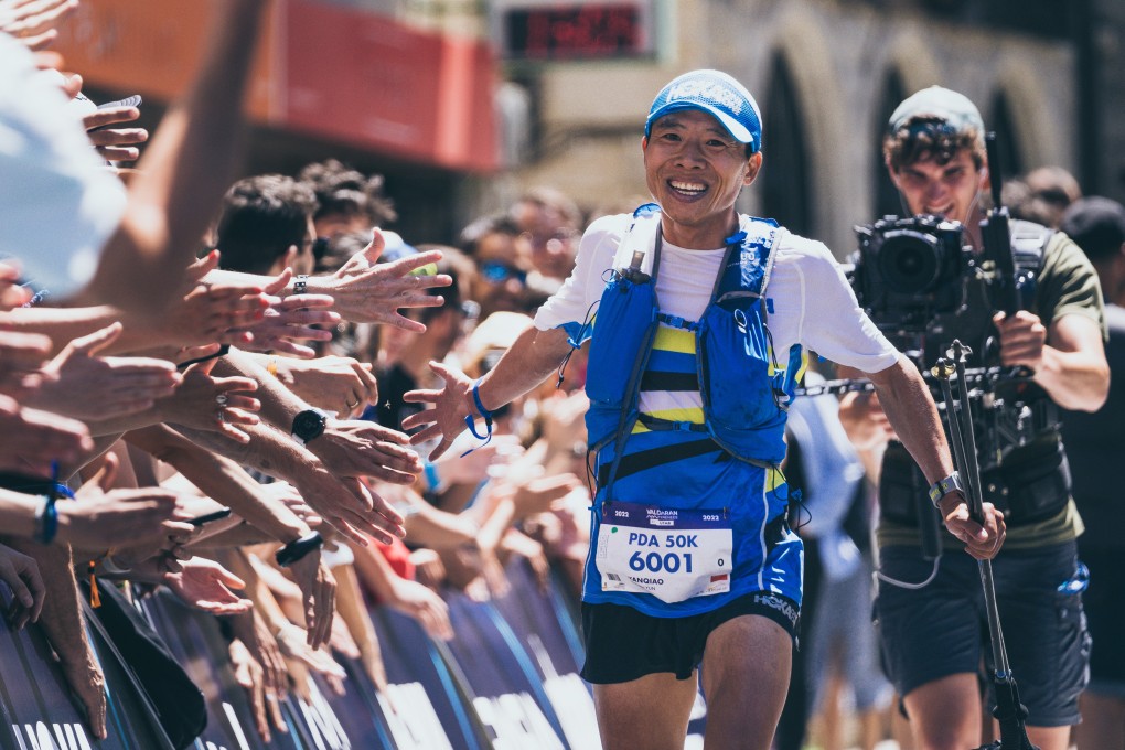 Yun Yanqiao approaches the finish line in first place in the 50km race at the Val d’Aran by UTMB. Photo: Val d’Aran by UTMB/Liqen Studio