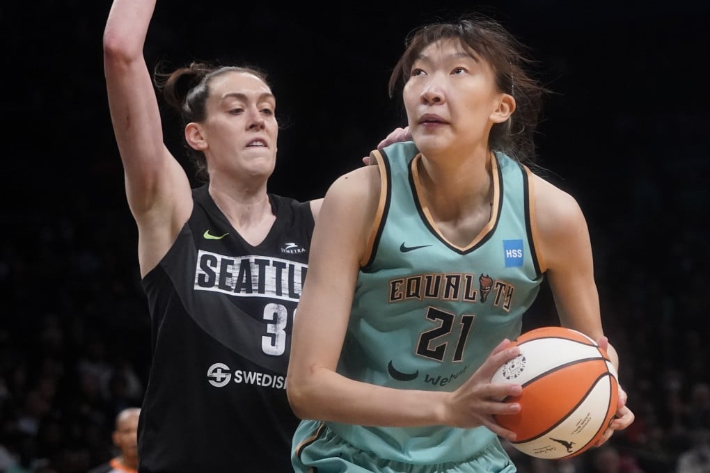 New York Liberty centre Han Xu drives against Seattle Storm forward Breanna Stewart during the second half of a WNBA basketball game on June 19, 2022, in New York. Photo: AP